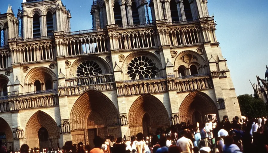 Image similar to 7 0 s movie still of notre dame de paris burning, cinestill 8 0 0 t 3 5 mm eastmancolor, heavy grain, high quality, high detail