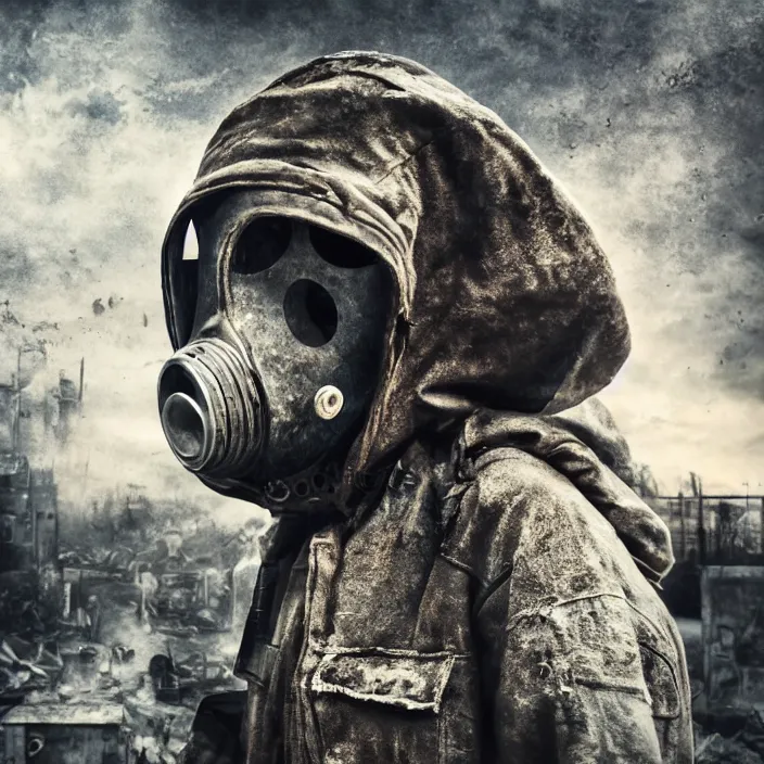 Image similar to gritty hooded apocalyptic man in gas mask standing in street of destroyed city, hyper - detailed, smooth, sharp focus, 4 k ultra hd, fantasy dark art, apocalyptic art