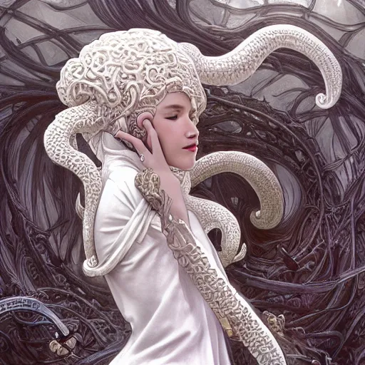 Image similar to a photograpic portrait of a anthropomorphic kraken wearing white clothes, fantasy, intricate, elegant, highly detailed, digital painting, artstation, concept art, smooth, sharp focus, illustration, art by artgerm and H R Giger and alphonse mucha