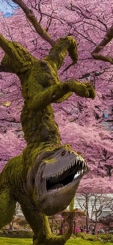 Image similar to “ a portrait photo of tyrannosaurus at a sakura tree, side shot, by shunji dodo, 8 k resolution, high quality ”