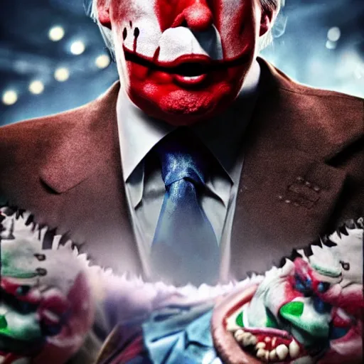 Image similar to donald trump as a joker - clown! in gears of war, splash art, movie still, cinematic lighting, ray tracing, detailed joker - clown face!, octane render, long lens, shallow depth of field, bokeh, anamorphic lens flare, 8 k, hyper detailed, 3 5 mm film grain