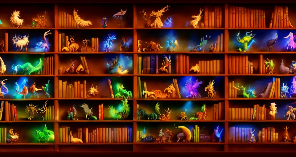 Prompt: a bookshelf of wonderful magical creatures, cinematic lighting, detailed, 4 k