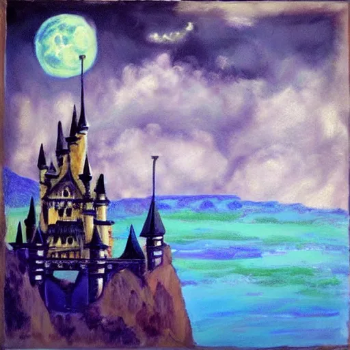 Image similar to Castle+moon+river+painting+ evil+smoke