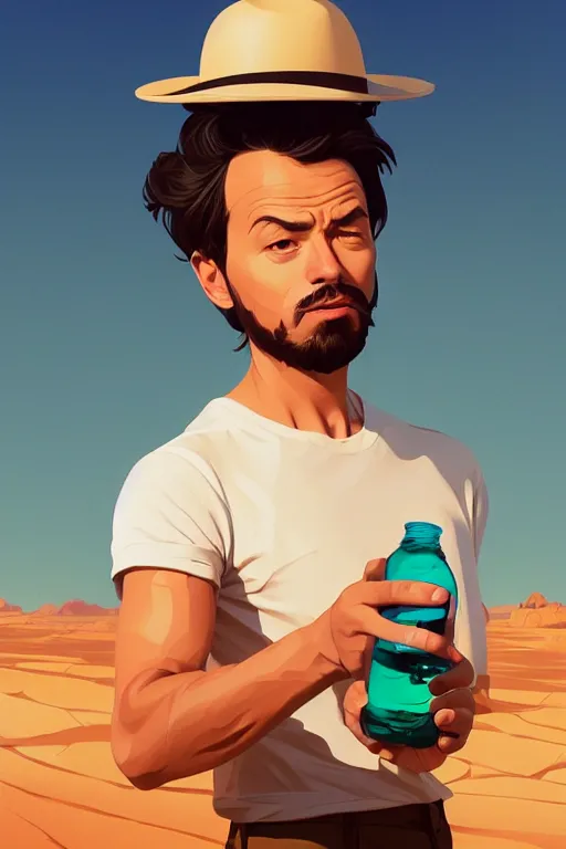 Image similar to funny drinker with bottle in his hand in the desert, smooth face, centered median photoshop filter cutout vector behance hd by artgerm, jesper ejsing, by rhads, makoto shinkai and lois van baarle, ilya kuvshinov, rossdraws, illustration, art by ilya kuvshinov and gustav klimt