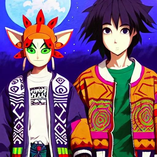 Image similar to majora majora's mask wearing oversized mayan bomber jacket with overalls, bulky poofy bomber jacket with mayan patterns, aztec street fashion, genshin impact art style, gapmoe yandere grimdark, trending on pixiv fanbox, painted by greg rutkowski makoto shinkai takashi takeuchi studio ghibli, akihiko yoshida