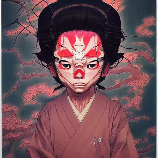 Image similar to prompt : yokai portrait soft light painted by james jean and katsuhiro otomo and erik jones, inspired by evangeleon anime, smooth face feature, intricate oil painting, high detail illustration, sharp high detail, manga and anime 1 9 9 9