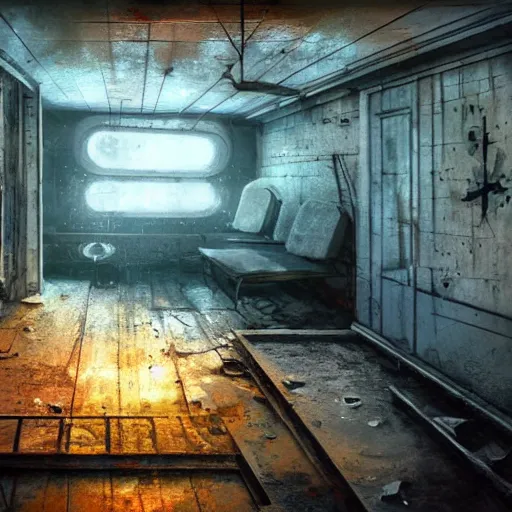 Image similar to inside an narrow quarter room of an abandonned ussr uboat, dim lighting with very small lightrays, comming, concept art, 4 k, hd, art station trending, sergii ivanchenko, sharp and highly detailed