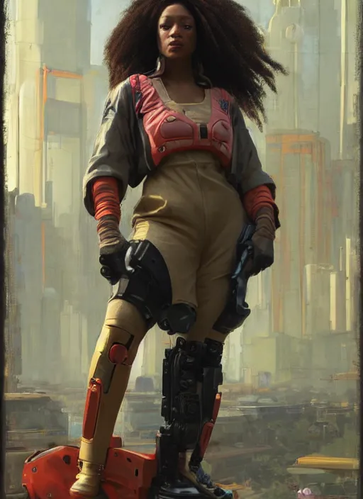 Image similar to Maria Igwe. Beautiful Feminist Cyberpunk mechanic with robotic legs. (Cyberpunk 2077, bladerunner 2049). Iranian orientalist portrait by john william waterhouse and Edwin Longsden Long and Theodore Ralli and Nasreddine Dinet, oil on canvas. Cinematic, vivid colors, hyper realism, realistic proportions, dramatic lighting, high detail 4k