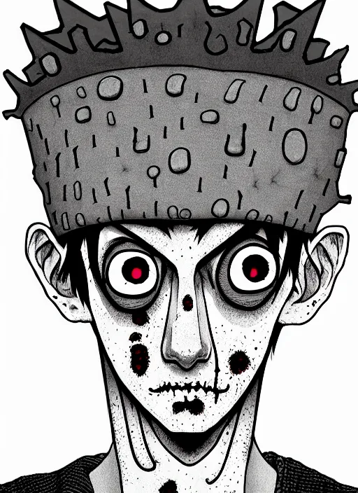 Image similar to junji ito style portrait of zombie teenage jughead jones wearing a light grey crown, zombie, crown, rotting skin, blind eyes, white eyes, crown, black hair, intricate, highly detailed, illustration, art by junji ito