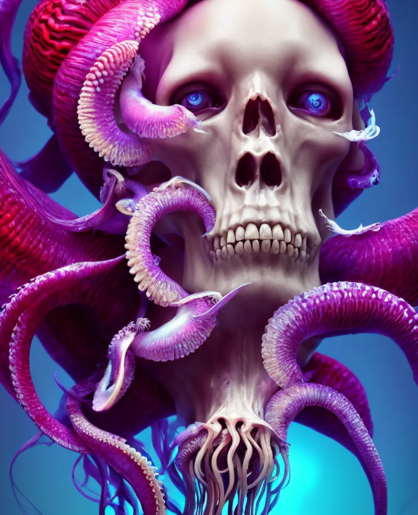 Image similar to goddess close - up portrait human skull, ram skull, squid phoenix jellyfish, orchid, betta fish, bioluminiscent, intricate artwork by tooth wu and wlop and beeple. octane render, trending on artstation, greg rutkowski very coherent symmetrical artwork. cinematic, hyper realism, high detail, octane render, 8 k