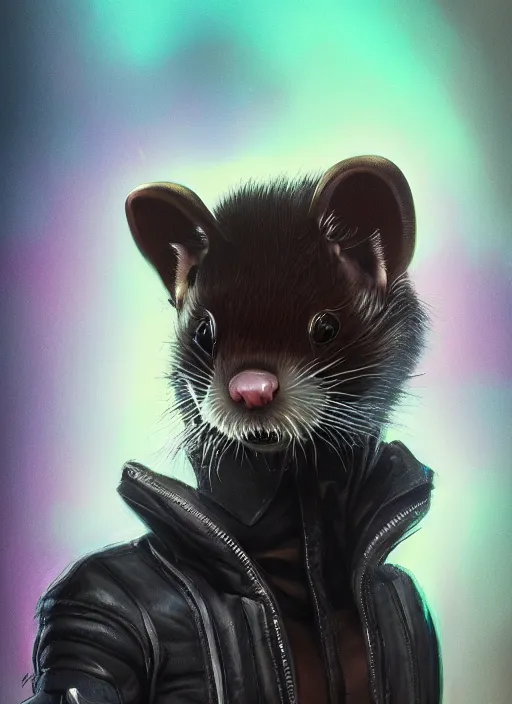 Prompt: cyberpunk anthropomorphic sable ferret, detailed fur, wearing leather jacket, medium shot portrait, digital painting, dynamite lighting, trending on ArtStation