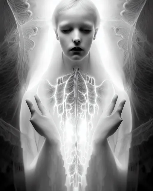 Prompt: dreamy foggy soft luminous bw art photo taken in 2 1 0 0, beautiful spiritual angelic biomechanical mandelbrot fractal albino girl cyborg with a porcelain profile face, very long neck, halo, white smoke atmosphere, rim light, big leaves and stems, fine foliage lace, alexander mcqueen, art nouveau fashion pearl embroidered collar, steampunk, elegant