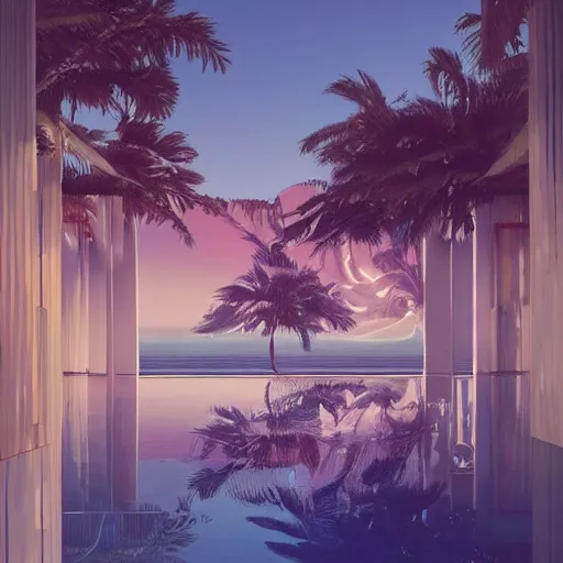 Image similar to indoor liminal dream, golden light, greg rutkowski, palm trees, pink door, minimalistic, hyperrealistic surrealism, award winning masterpiece with incredible details, epic stunning, infinity pool mirrors, a surreal vaporwave liminal space with mirrors, highly detailed, trending on artstation, artgerm and greg rutkowski and alphonse mucha, daily deviation