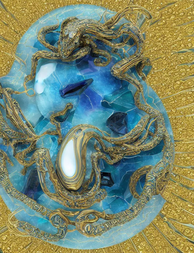 Image similar to a photo of a sculpture a winged serpent child made from blue and emerald and amethyst crystal geode formations encircling a marble egg on a base of obsidian made with liquid gold tendrils flowing by ellen jewett by stanisław szukalski, octane render, recursive, tendrils, elestial crystals, geode, refracted light