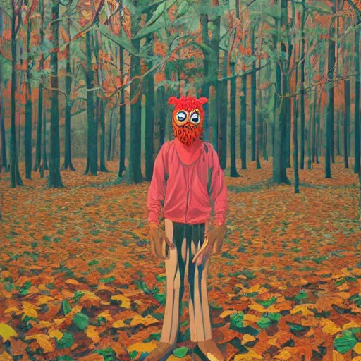 Image similar to safety cones scattered around an oak tree forest, man in muppet sasquatch sri lankan mask costume dancing in the distance, by james jean by ilya kuvshinov kintsugi, hyper detailed surrealist painting