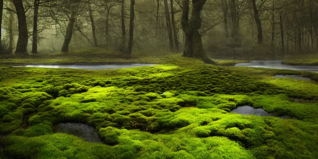 Image similar to gorgeous fields of moss landscape with glistening water in the background, landscape, beautiful, intricate details, highly detailed, sharp focus, concept art, digital painting, trending on artstation, still, screenshot, photo, photograph