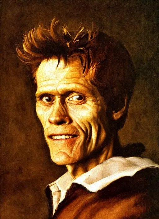 Prompt: portrait painting of willem dafoe with stubble smiling warmly, renaissance oil painting, chiaroscuro