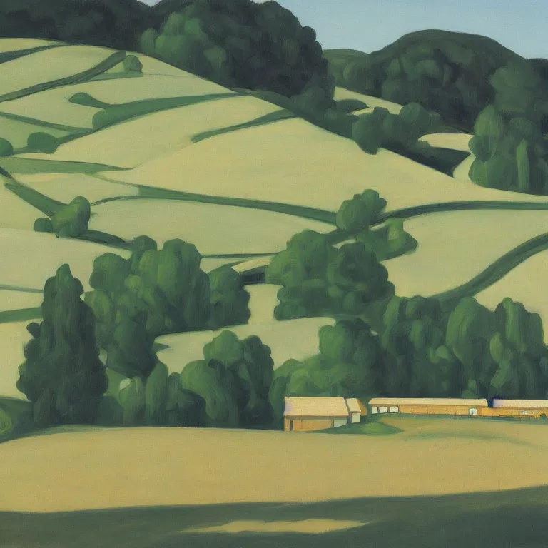 Image similar to dreaming rural landscape with architecture, painted by Alex Katz, painted by Edward Hopper, airbrush