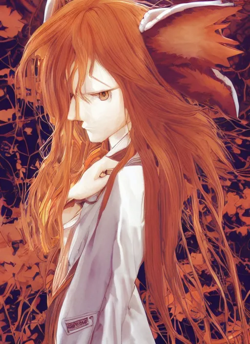 Prompt: illustration by shigenori soejima, by tatsuki fujimoto, by yoji shinakawa, tired girl with fox ears, long wavy orange hair, light brown trenchcoat, forest background, focus on face, pretty, moody lighting, painterly