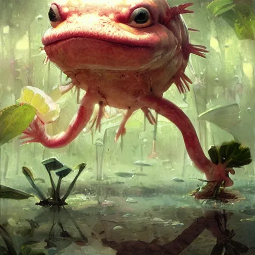 Image similar to Cute adorable sweet marshmallow axolotl crawling from a cacao swamp, salamander, candy world, oil painting, by Greg Rutkowski