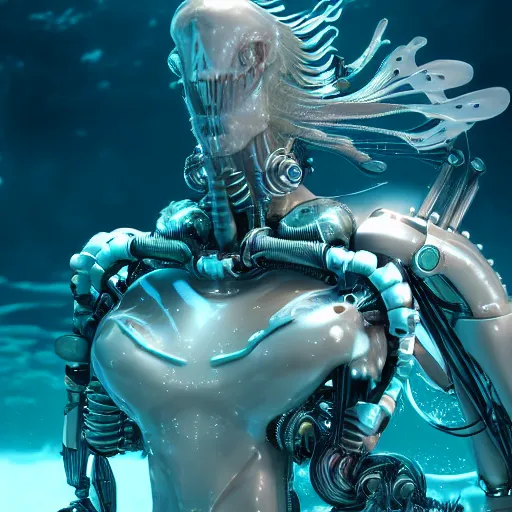 Image similar to biomechanical mecha white mermaid underwater, rays of light. Style of westworld, cables, lights, searchlight, weta digital, octane render, insane details, ultra realistic, beatifully lit, reflections