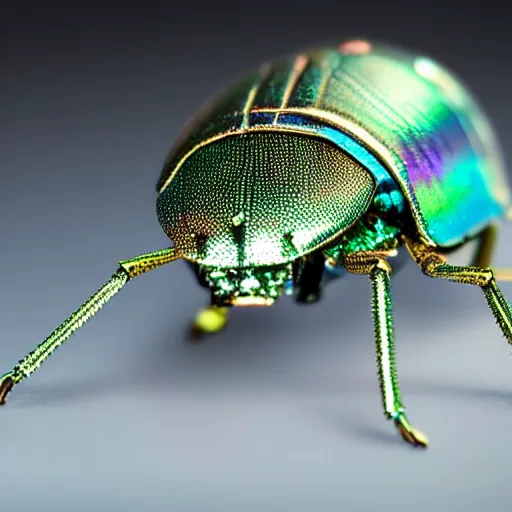 Prompt: iridescent metal robot beetle made out of simple geometric shapes. tilt shift photography. award winning