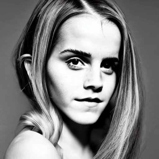 Image similar to Emma Watson closeup of face shoulders and very long hair hair pouting and grinning Vogue fashion shoot by Peter Lindbergh fashion poses detailed professional studio lighting dramatic shadows professional photograph by Cecil Beaton, Lee Miller, Irving Penn, David Bailey, Corinne Day, Patrick Demarchelier, Nick Knight, Herb Ritts, Mario Testino, Tim Walker, Bruce Weber, Edward Steichen, Albert Watson