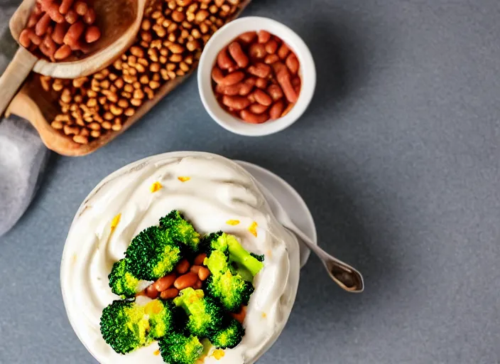 Image similar to food photo still of soft serve swirled frozen yogurt topped with baked beans and broccoli, 8 5 mm f 1. 8 studio lighting