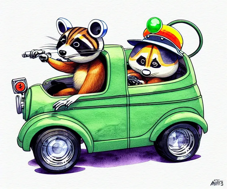 Image similar to cute and funny, racoon wearing a helmet riding in a tiny hot rod with oversized engine, ratfink style by ed roth, centered award winning watercolor pen illustration, isometric illustration by chihiro iwasaki, edited by range murata, tiny details by artgerm and watercolor girl, symmetrically isometrically centered, focused