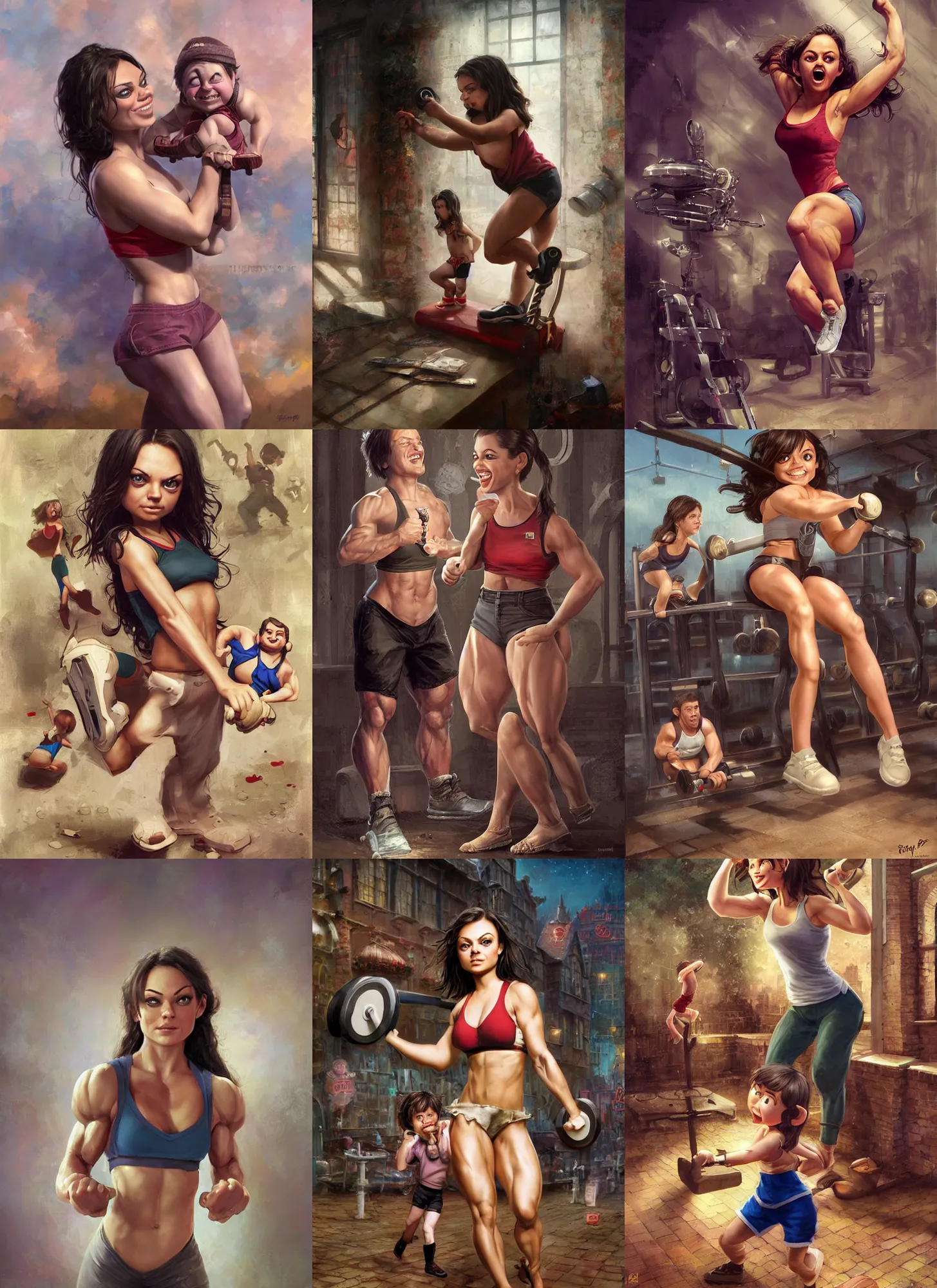 Prompt: wlop, steve argyle, ilya kuvshinov, little laughing bodybuilder mila kunis working out,, ralph horsley, rossdraw, mark ryden, daniel f. gerhartz, sophie anderson, lilia alvarado, tom chambers