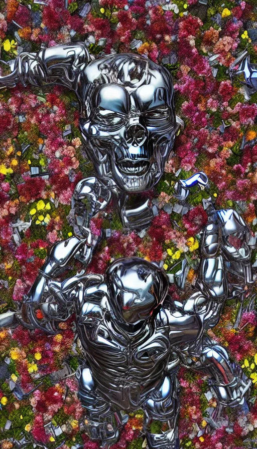 Prompt: destroyed terminator lying in a field of flowers, twisted metal, chrome, reflections, anthropomorphic, photorealism, smoke, metal, 8 k, surreal, wires, smooth, sharp focus, top view, extremely detailed, hyperrealism, elegant, establishing shot, by jeff koons, artgerm and greg rutkowski