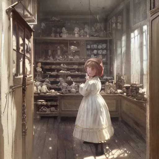 Image similar to human child standing in a victorian doll maker's shop looking at all of the dolls, high detail, digital art, painted by greg rutkowski, painted by seb mckinnon, trending on artstation