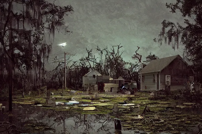 Image similar to scene from louisiana swamps, graveyard, portrait, canibal cult, old protestant church with neon satanic pentagram, junkyard by the road, boy scout troop, voodoo artwork by tim eitel