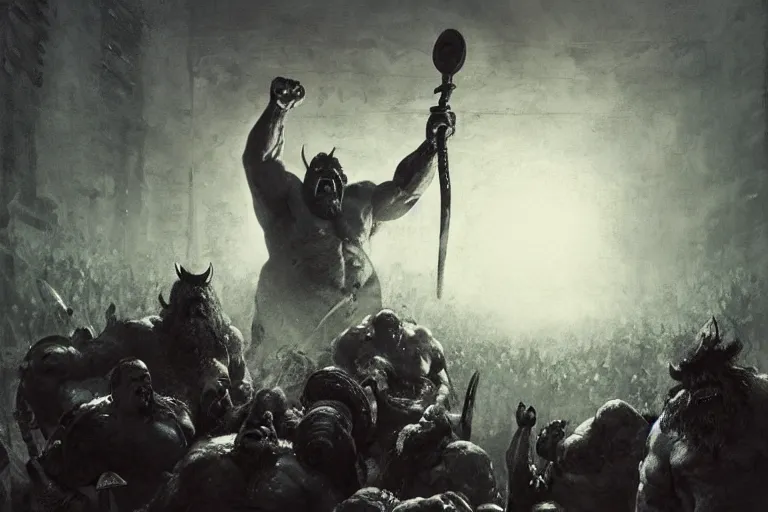 Prompt: worm's eye view of huge fat hulking dorian yates as viking laughing with fat bald warriors at night in fog, painted by greg rutkowski and piotr jablonski and jack kirby and jeremy mann, arstation, based on ogre kingdoms by cos koniotis