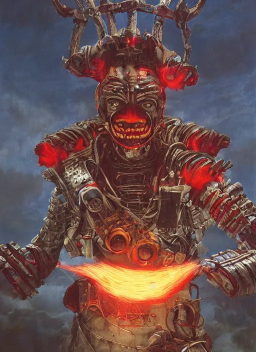 Image similar to portrait of a diabolical cyborg clown samurai armed with flamethrougher, torn cape, dynamic pose, glowing eyes, ancient ruins, glowing veins subsurface scattering, in clouds, sunset, portrait, by gerald brom, by mikhail vrubel, by peter elson, muted colors, extreme detail, reflections, trending on artstation, 8 k