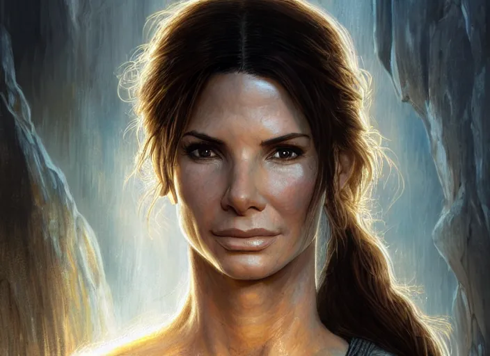 Image similar to face portrait of concentrated young Sandra Bullock as Lara Croft entering the large Minas Tirith gate, sun beams, intricate, elegant, highly detailed, centered, digital painting, artstation, concept art, smooth, sharp focus, illustration, Allan Lee, John Howe