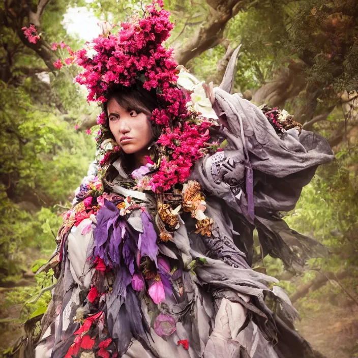 Prompt: an oni wearing a cloak made of flowers, by Omar Z. Robles, CANON Eos C300, ƒ1.8, 35mm, 8K, medium-format print