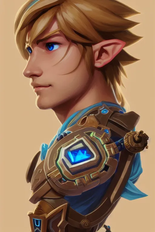 Image similar to symmetry!! portrait of link from ocarina of time in the style of breath of the wild, ancient machine parts embedded into arm, intricate, elegant, highly detailed, digital painting, artstation, concept art, smooth, sharp focus, illustration, art by artgerm and greg rutkowski and alphonse mucha, 8 k