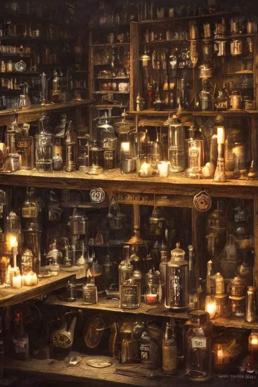 Image similar to a matte painting gothic curiosity shop with bottles of potions and flickering candles on the counter by greg rutkowski