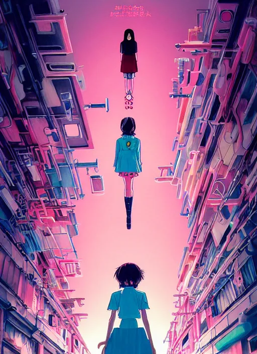 Image similar to a movie poster for a film based on the song Yoshimi battles the pink robots, part 1. by the band the flaming lips; artwork by Hiyao Miyazaki and studio Ghibli; a Japanese girl is fighting a gigantic evil Pink Robot in an alley in Tokyo; incredibly detailed artwork by James jean, Phil noto, Jon Foster, studio Ghibli