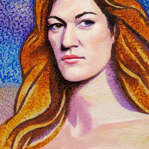 Image similar to professional painting of Jennifer Carpenter in the style of Henri-Edmond Cross, head and shoulders portrait, symmetrical facial features, smooth, sharp focus, illustration, intricate, stormy weather, extremely detailed masterpiece,