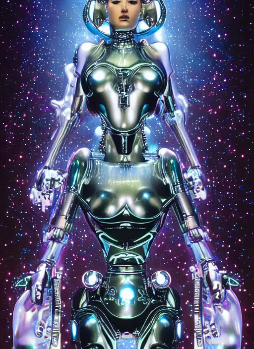 Image similar to Robotic beautiful Priestess posing in front of the stars by Hajime Sorayama, ultra detailed, beksinksi, chrome, dramatic lighting