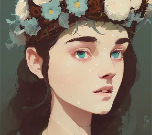 Image similar to portrait of forest godess with flower crown, by atey ghailan, by greg rutkowski, by greg tocchini, by james gilleard, by joe fenton, by kaethe butcher, by ashley wood, dynamic lighting, gradient light blue, brown, blonde cream and white color scheme, grunge aesthetic