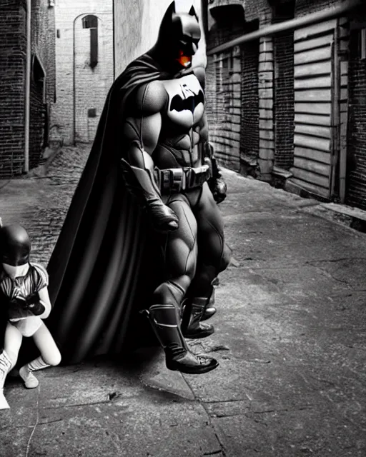 Prompt: batman beating up crying children in an alleyway, everyone having fun, toy product advertisement, photography, canon
