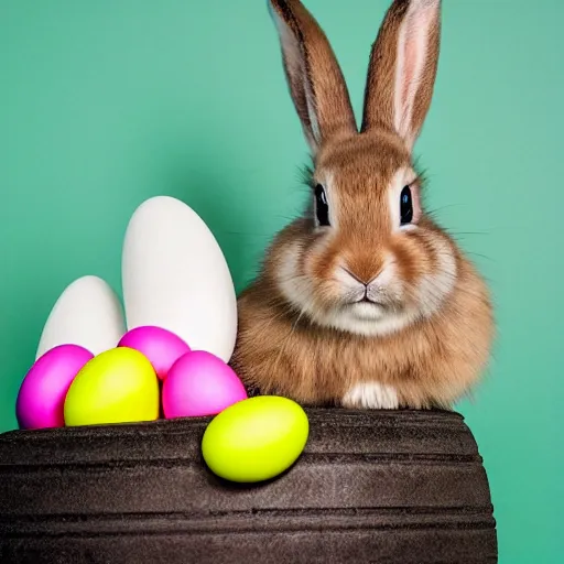 Image similar to easter bunny sitting in a tire, studio photo, high quality