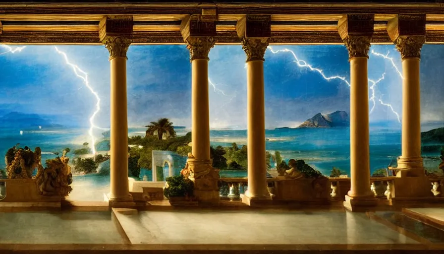 Image similar to From inside the balcony of the giant Palace, mediterranean balustrade and columns, refracted lines and sparkles, thunderstorm, greek pool, beach and Tropical vegetation on the background major arcana sky and occult symbols, by paul delaroche, hyperrealistic 4k uhd, award-winning, very detailed paradise