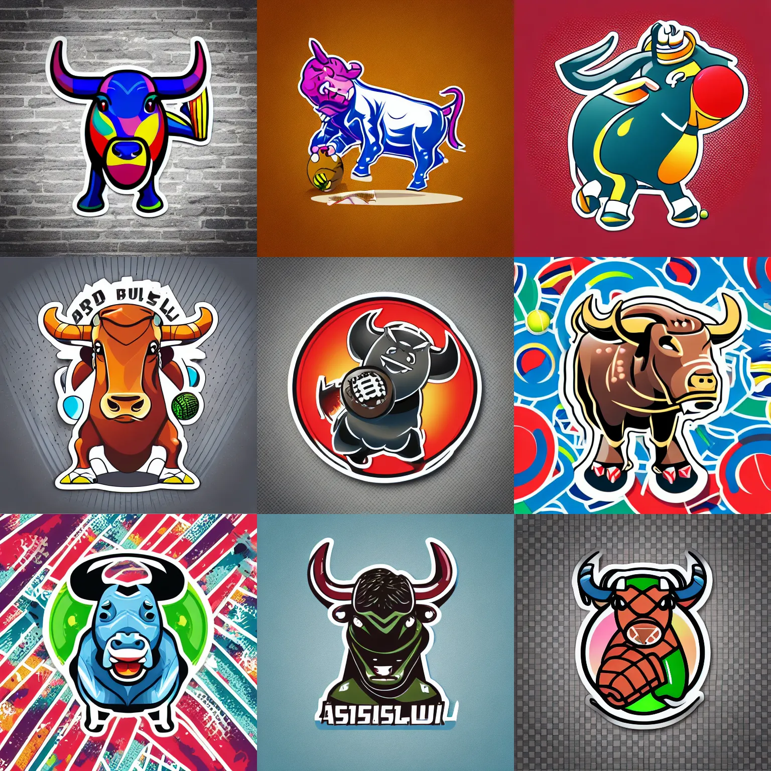 Image similar to “ aggressive bull with a cricket ball, full body mascot, sticker, highly detailed, colorful, illustration, smooth and clean vector curves, no jagged lines, low noise, vector art, logo ”