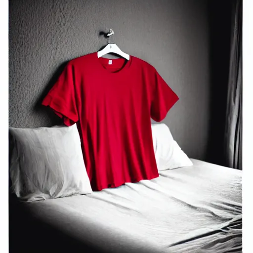 Image similar to photorealistic photo of a red t - shirt laying on a bed, displayed, magazine photo