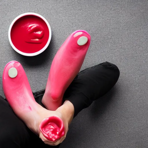 Image similar to man eat his own leg with pink ketchup