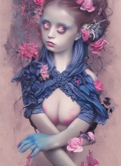 Prompt: pop surrealism, lowbrow art, realistic cute girl painting, blue body harness, japanese shibari with flowers, hyper realism, muted colours, rococo, natalie shau, loreta lux, tom bagshaw, trevor brown style,